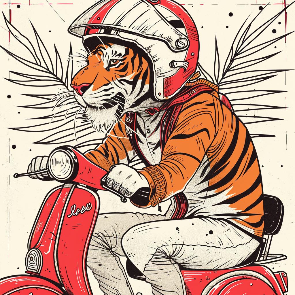tiger  moped  happy  scooter  wings  playful  cartoon  whimsical  colorful  dynamic 938897
