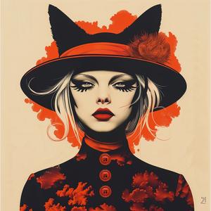 woman  hat  black  cat  ears  surreal  risograph  album  cover  symbolist 1074776