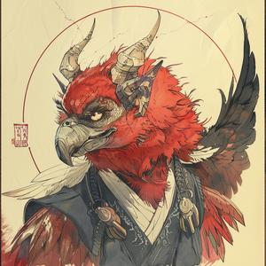 bird  red  horns  Japanese  mythology  creature  fantasy  drawing  symbolism  art 1077971