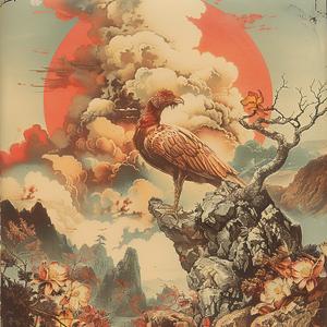 bird  rock  red  sun  painting  chromolithography  nature  art  landscape  colorful 1051051
