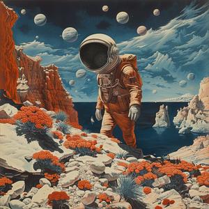 astronaut  rocky  hill  planets  background  walking  space  exploration  chromolithography  illustration 1049510