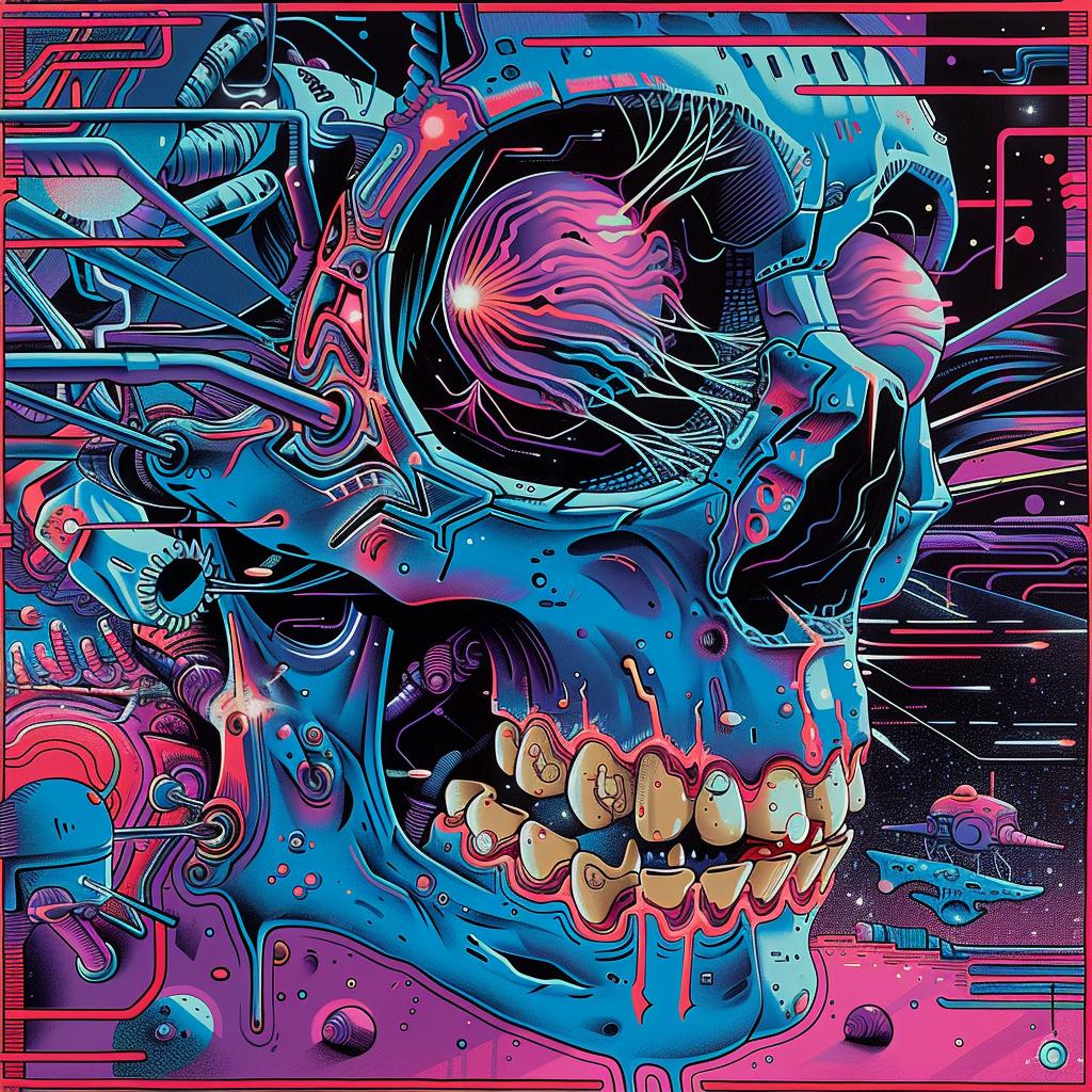 skull  blue  pink  Nychos  synthwave  trippy  geometric  1980s  background  art 960745