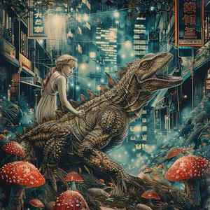 girl  dinosaur  city  night  ride  colorful  fantasy  playful  adventure  chromolithography 1050139