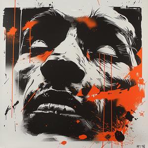 man  screenprint  orange  black  paint  splatters  abstract  expressionist  artwork  canvas 1047825