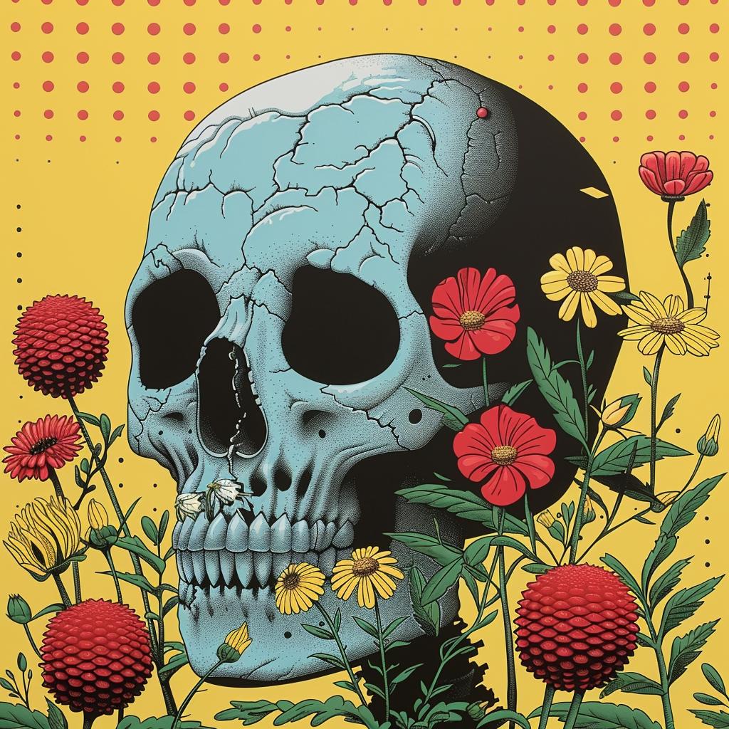 skull  flowers  animated  vibrant  folk  yellow  blue  red  illustration  bloom 944759