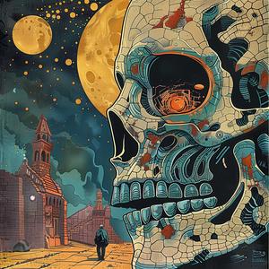 skull  moon  canvas  jack  kirby  surrealism  art  pointillism  gold  teal 1076358