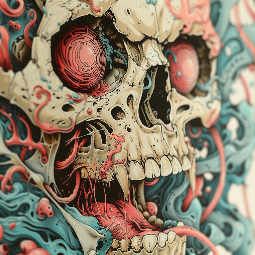 surreal  album  cover  hyper-realistic  screenprinting  chromoluminosity  skull  red  tentacles  Nychos 961650