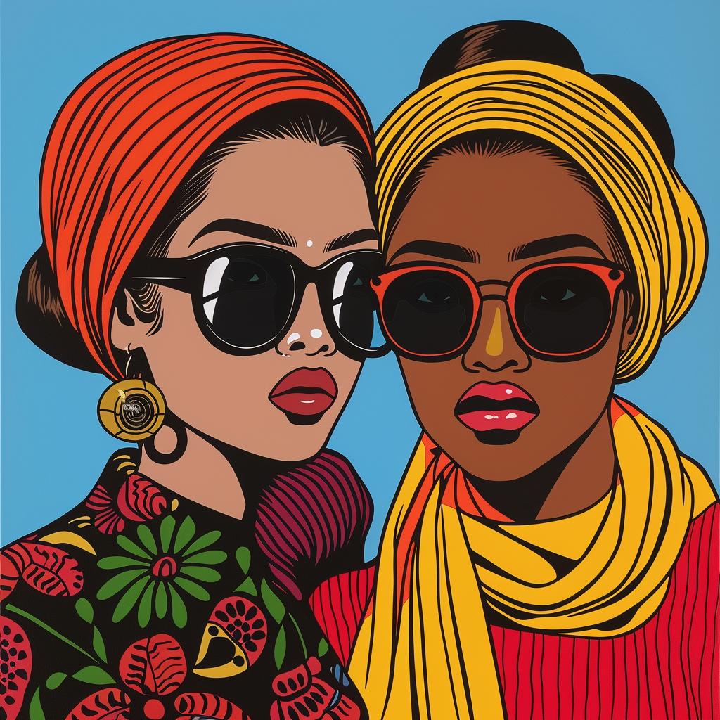 women  sunglasses  headscarves  colorful  fashion  portrait  stylized  contemporary  art  vibrant 1022851