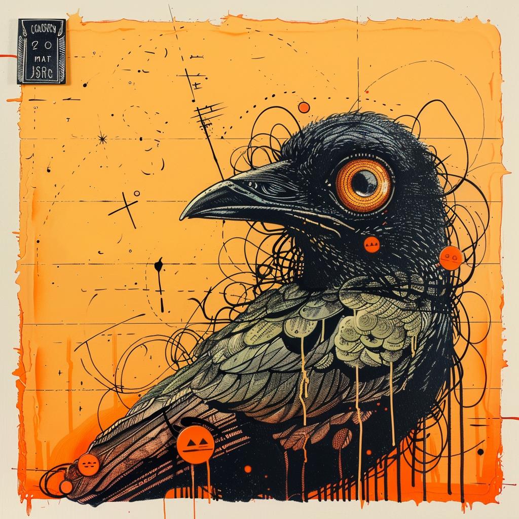 crow  orange  eyes  encaustic  impasto  occult  symbolism  dark  wildlife  texture 924395