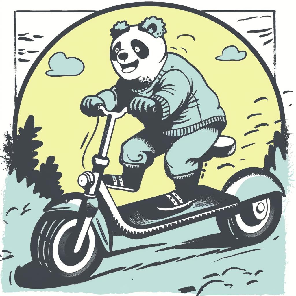 panda  scooter  happy  simple  minimal  blue  yellow  hues  cartoon  playful 955401