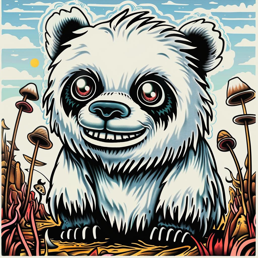 panda  mushroom  cartoon  bear  humorous  mouth  smile  playful  illustration  whimsical 1032884