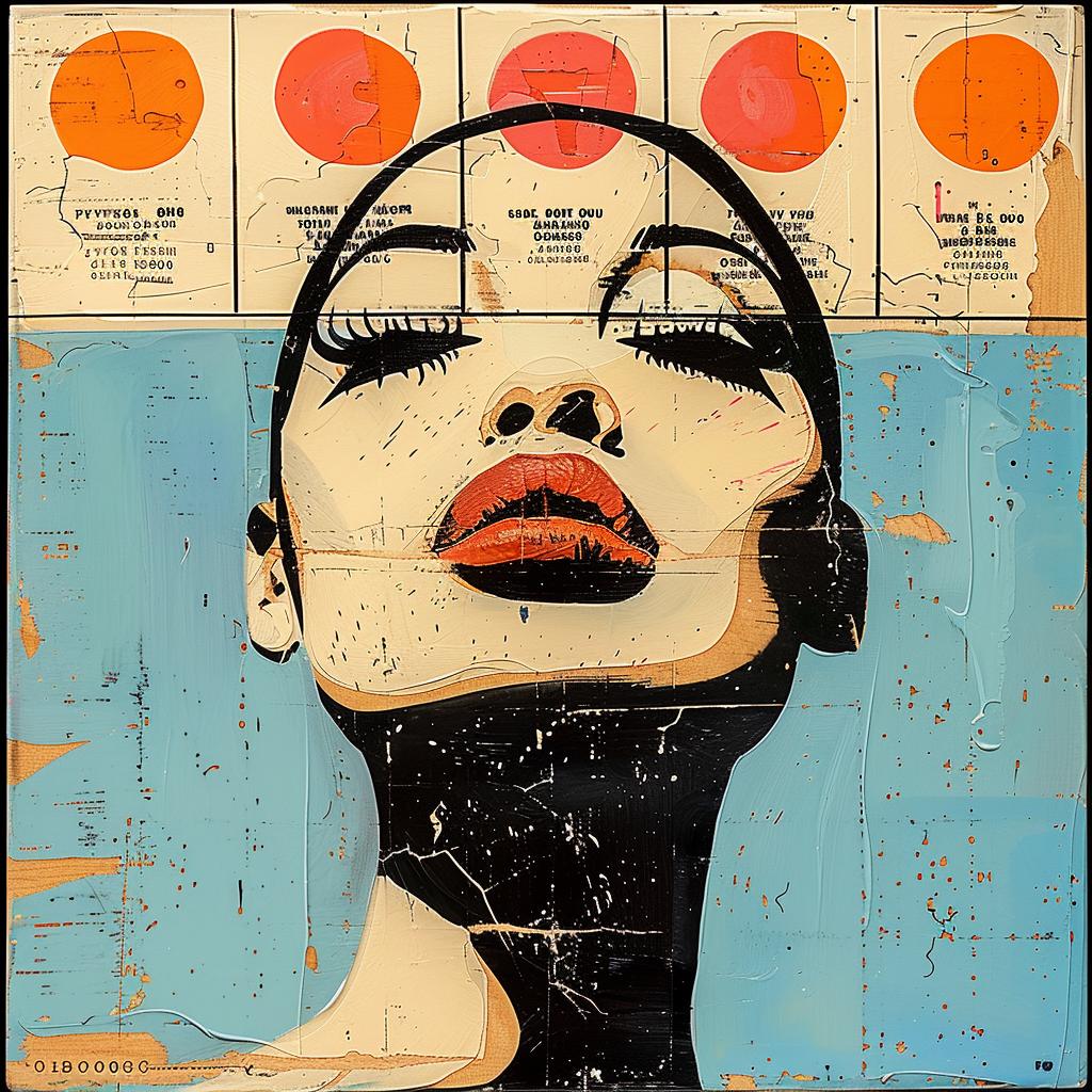 woman  red  lips  orange  circles  cream  black  impasto  palette knife  1980s 963497