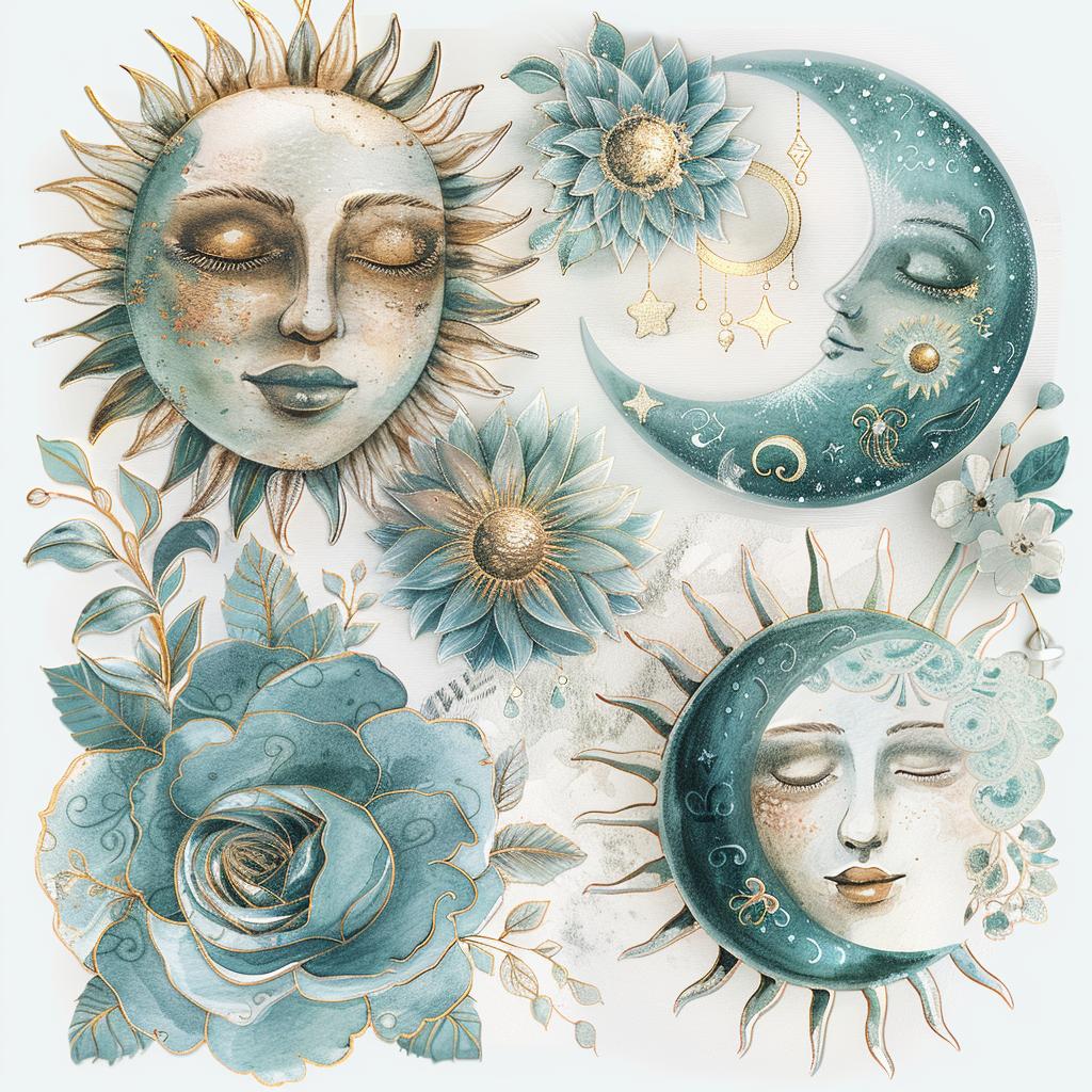 clipart  watercolor  boho  sun  moon  faces  flowers  soft  music  serene 960163