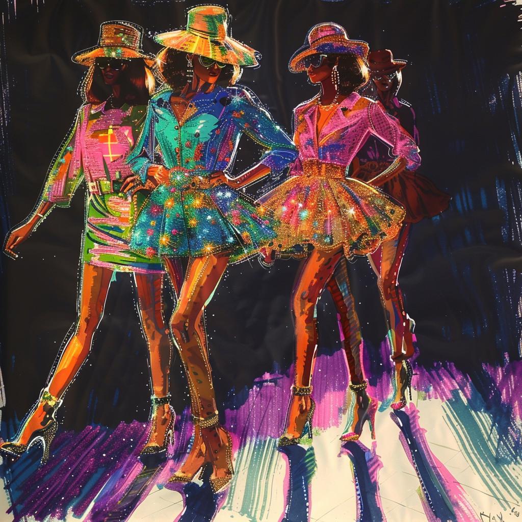 fashion  models  catwalk  70s  vibrant  cartoon  colorful  dresses  glamorous  illustration 953669