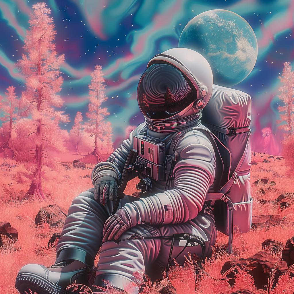 astronaut  sitting  ground  pink  sky  serene  space  colorful  landscape  imagination 1016741
