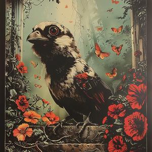 bird  flowers  ledge  chromolithography  poster  nature  art  colorful  illustration  decorative 1049259