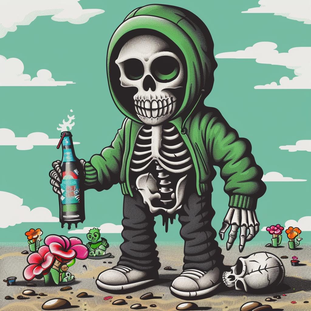 skeleton  creature  cartoon  holding  beer  skull  whimsical  funny  horror  art 1033337