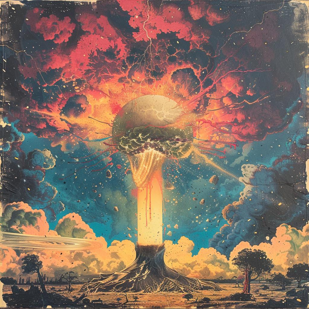 surreal  album  cover  hyper-realistic  screenprinting  Aryz  mushroom  cloud  tree  illustration 960393