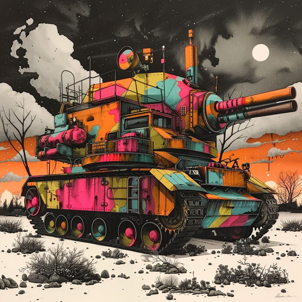 tank  1980s  winter  painting  rainbow  concept  military  colorful  art  modern 1036401