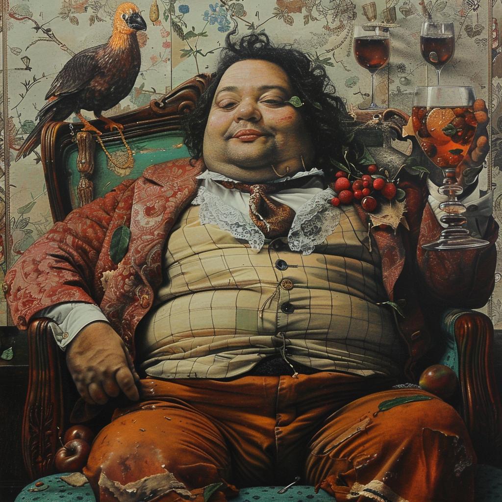 surreal  album  cover  man  chair  bird  hyper-realistic  screenprinting  Botero  encaustic 959925