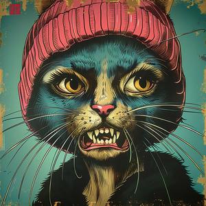 cat  pink  hat  blue  coat  whimsical  illustration  Margaret  Keane  colorful 1079929