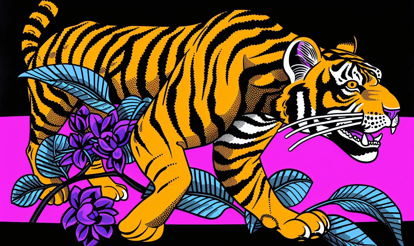 tiger  leaping  purple  flowers  pink  background  vivid  colorful  dynamic  art 1021959