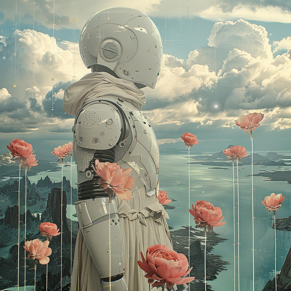 robot  flowers  clouds  background  chromolithography  nature  surreal  whimsical  colorful  composition 1028747