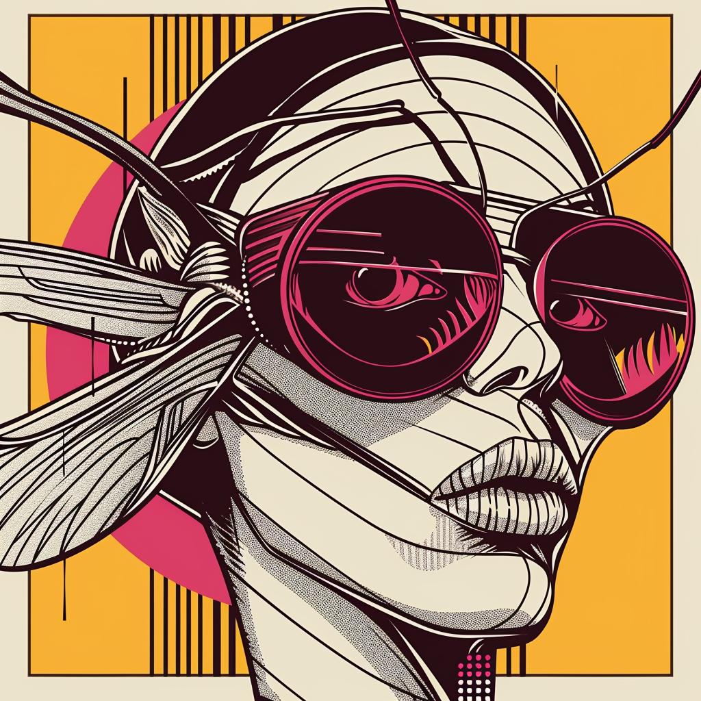 surreal  album  cover  grasshopper  Tsukioka  Yoshitoshi  screenprinting  hyper-realistic  sunglasses  bee 939549