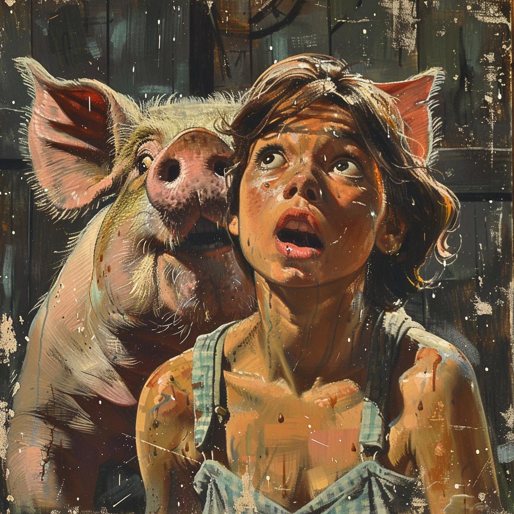 girl  pig  painting  VHS  cover  art  interaction  whimsical  characters  expression 1029188