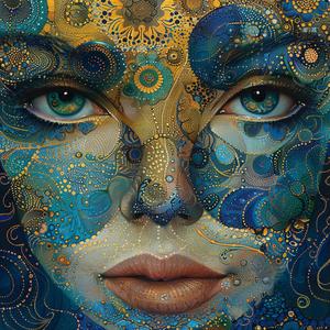 ArtNouveau  Surrealism  pointillism  mystical  woman  patterns  blue  gold  painting  art 1077207