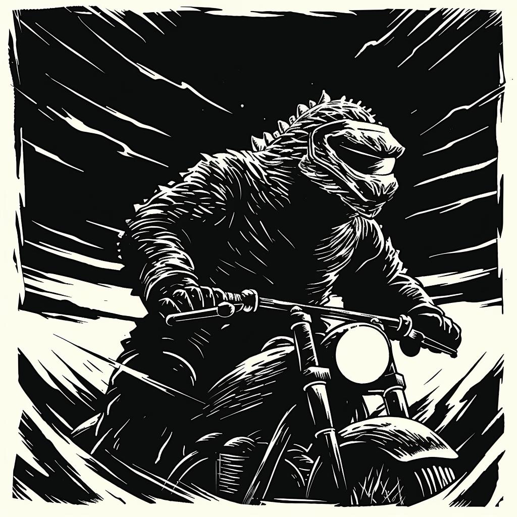 Godzilla  motorcycle  riding  black  white  illustration  stylized  dynamic  fearsome  graphic 1026023