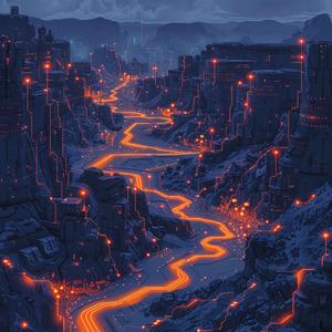 minimalist  sci-fi  landscape  neon  circuitry  city  orange  lights  river 1074688
