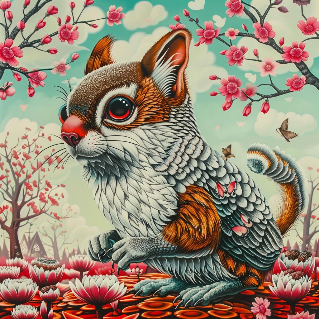 hybrid  creature  squirrel  tiger  bird  flowers  whimsical  colorful  illustration  fantasy 1033549