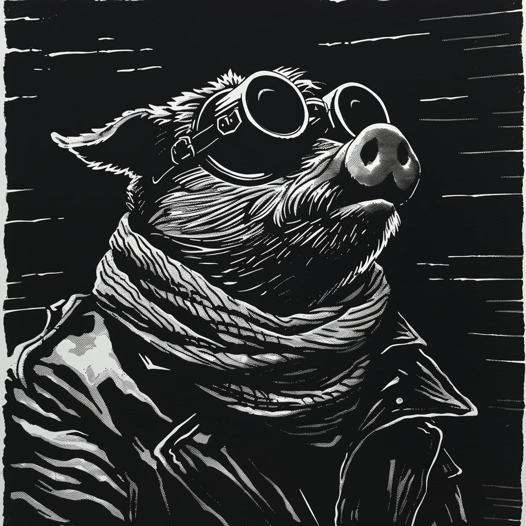 pig  goggles  motorcycle  black  white  anthropomorphic  scarf  riding  stylized  drawing 1025952