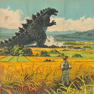 comic  cover  Godzilla  rice  fields  farmer  vintage  poster  1960s  illustration 1075357