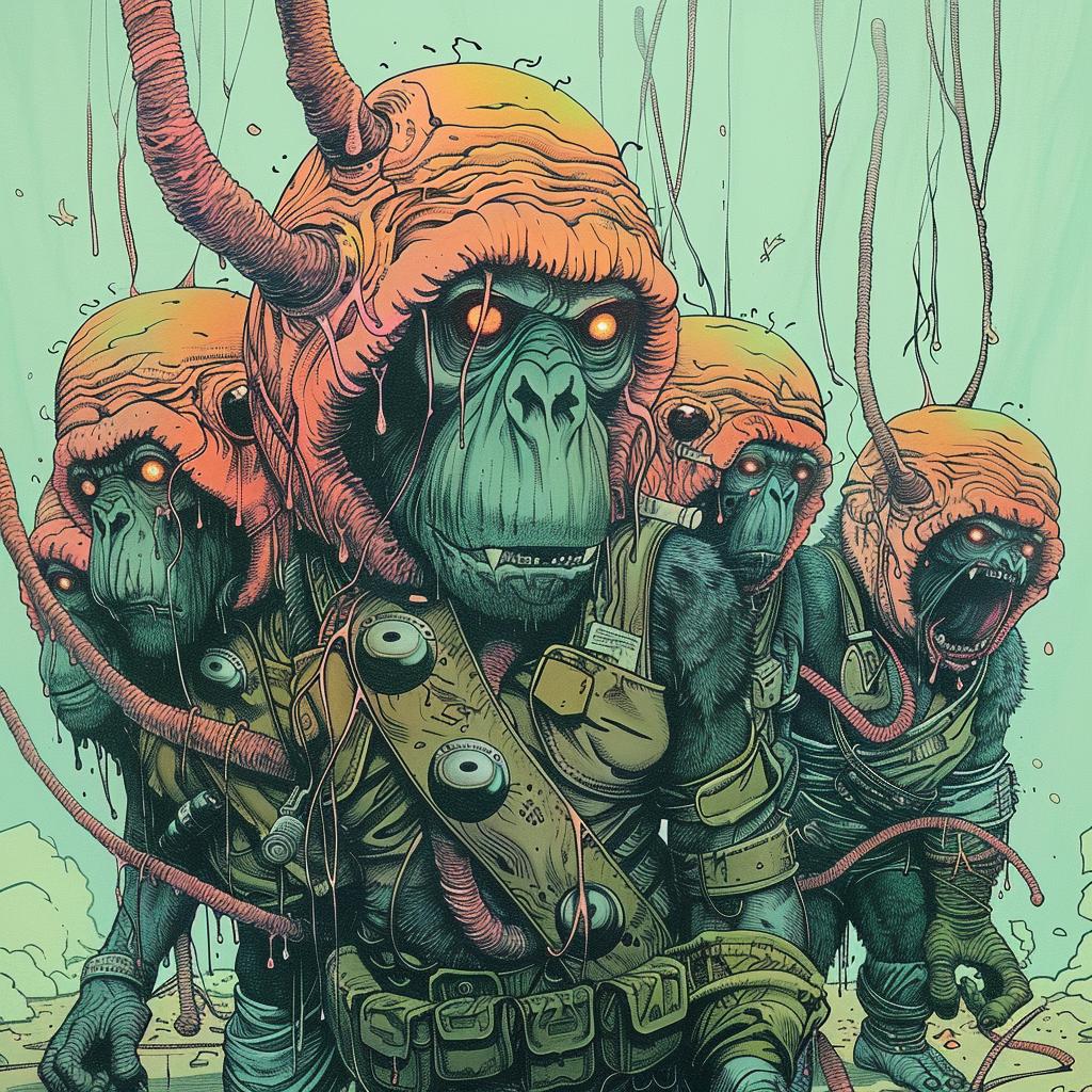 monkeys  helmets  battle  soldiers  fantasy  action  playful  imaginative  cartoon  humorous 923554