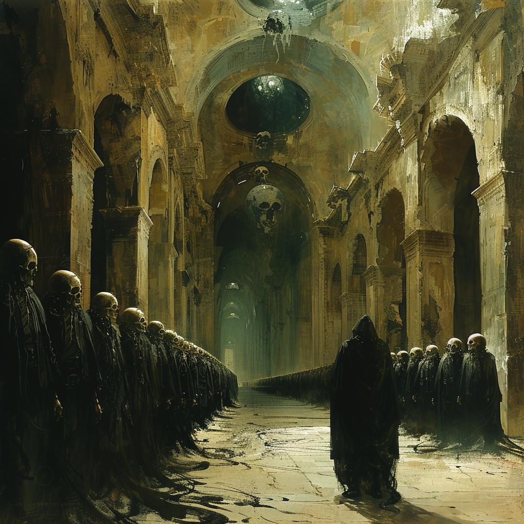 لوحة رجل رعب غامض في رواق المجتمع المظلم، شخصية تعبيرية سريالية رقم 1035320