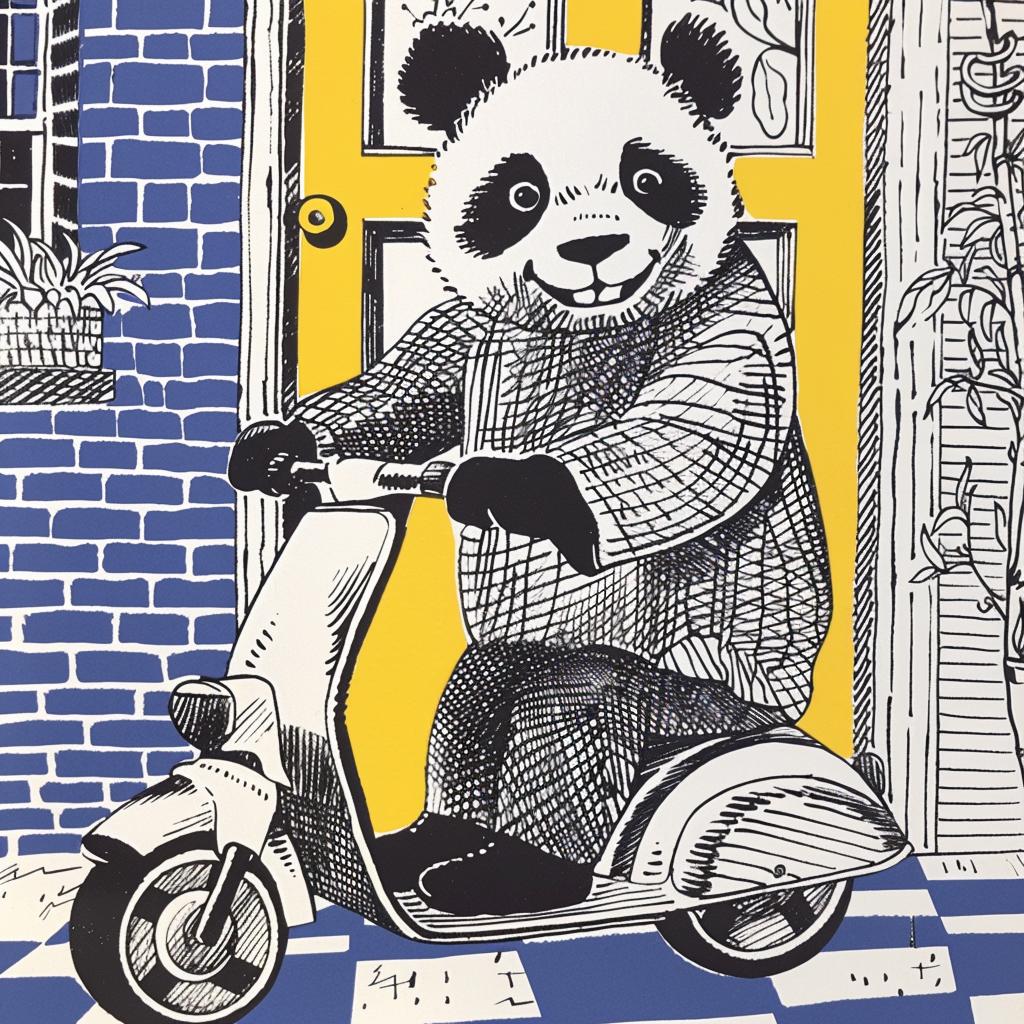 panda  scooter  happy  minimal  yellow  door  cute  animal  transport  playful 955425
