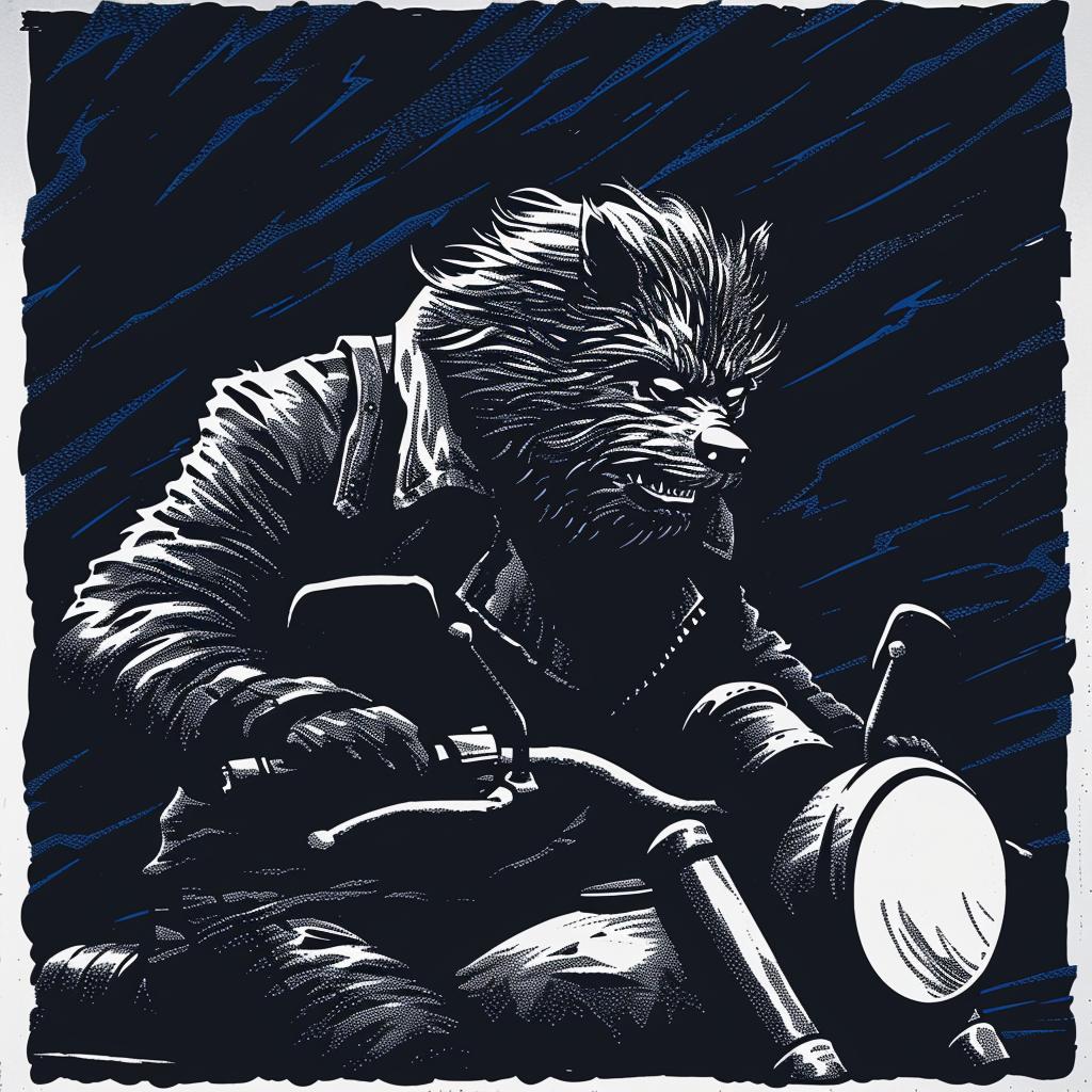 werewolf  motorcycle  rain  drawing  black  white  stylized  minimal  illustration  art 1025544