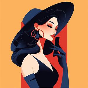 رسم توضيحي بسيط لامرأة أنيقة ذات شعر مجعد وفستان أسود أنيق على الهاتف المحمول 1072545