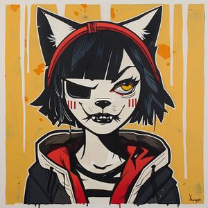 هودي قطة، رسم أسنان كلب، عمل فني مجرم، صورة شخصية، رسم توضيحي أحمر، نمط 1071006