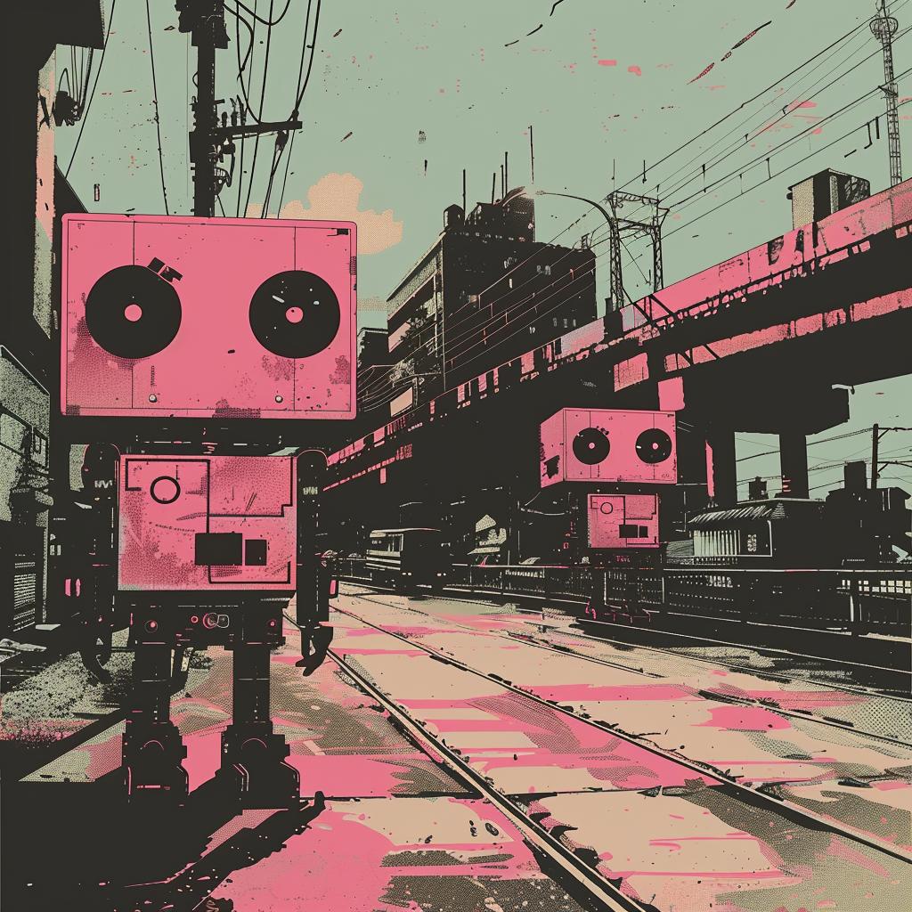 surreal  album  cover  hyper-realistic  screenprinting  pink  robot  street  Invader  art 960327