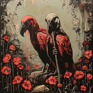 birds  red  field  poppies  chromolithography  nature  vibrant  paint  flora  wildlife 1049313