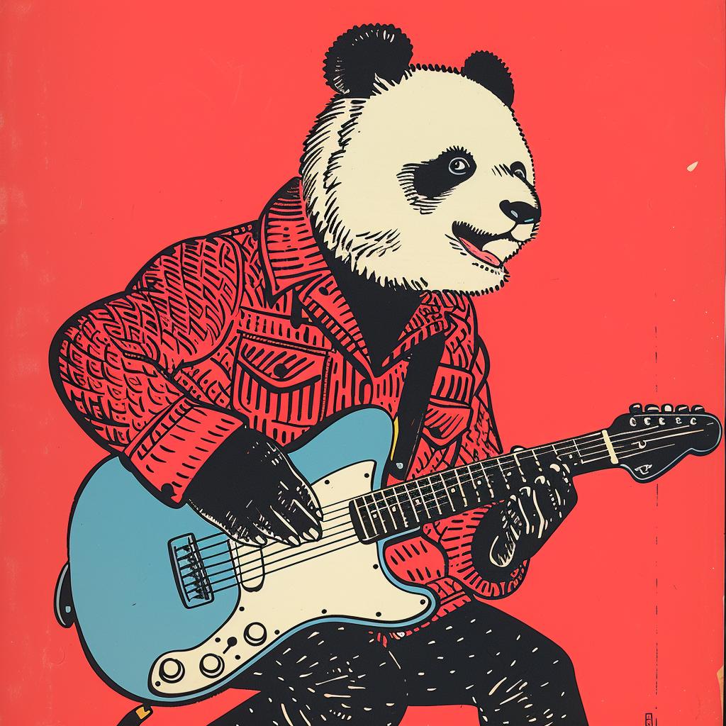 panda  guitar  rockstar  cartoon  music  humor  clothing  playful  art  whimsical 921931