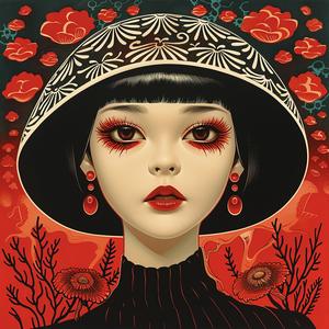 surreal  album  cover  Mitsumasa  Anno  flowers  woman  black  hair  symbolist 1074932