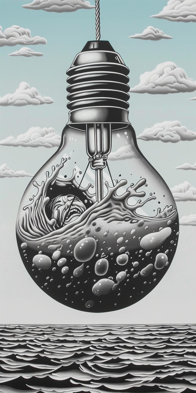lightbulb  liquid  drawing  man  drowning  surreal  conceptual  artistic  thought-provoking  symbolic 940634