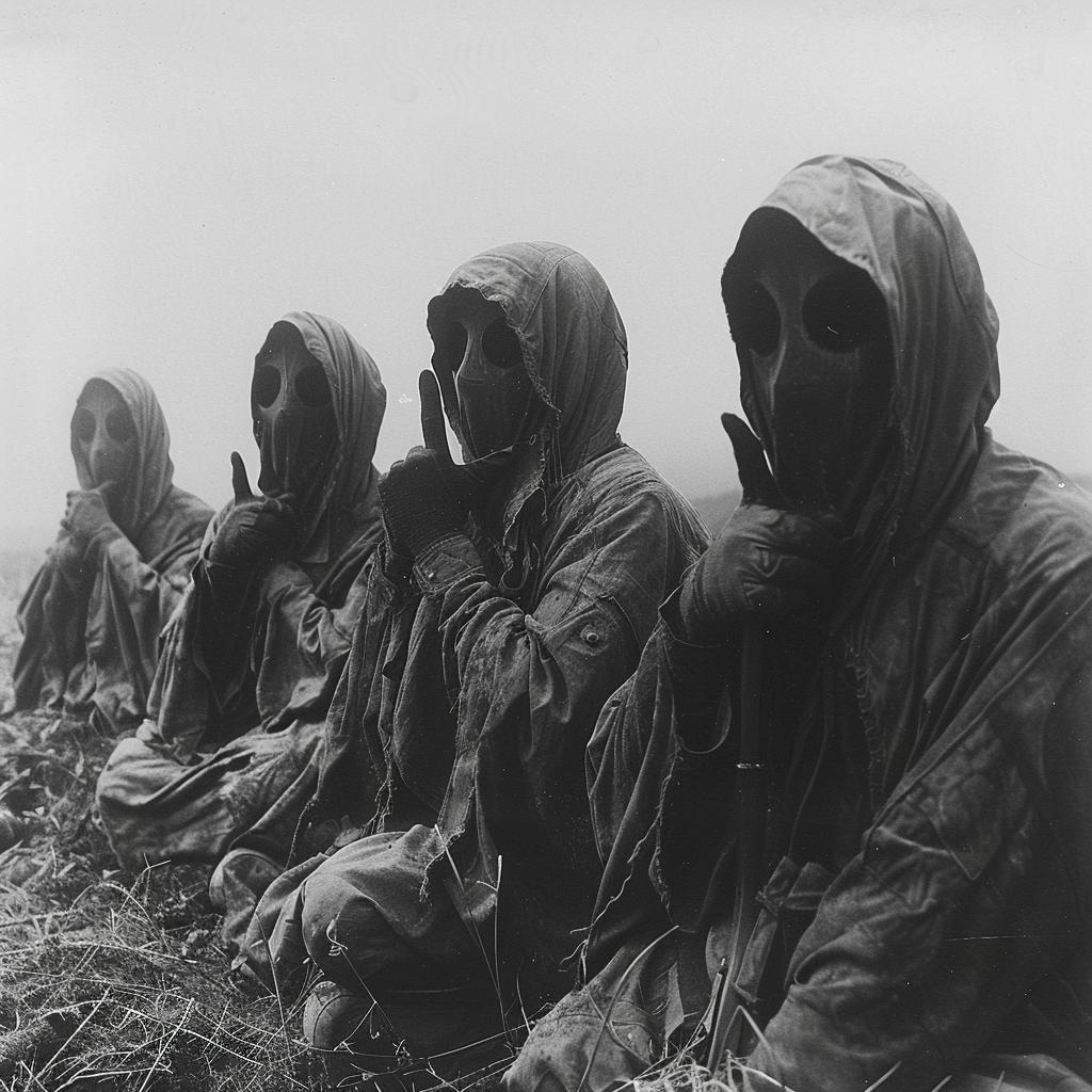 gasmask  soldiers  ww2  silent  gesture  military  grass  sitting  historical  group 970380