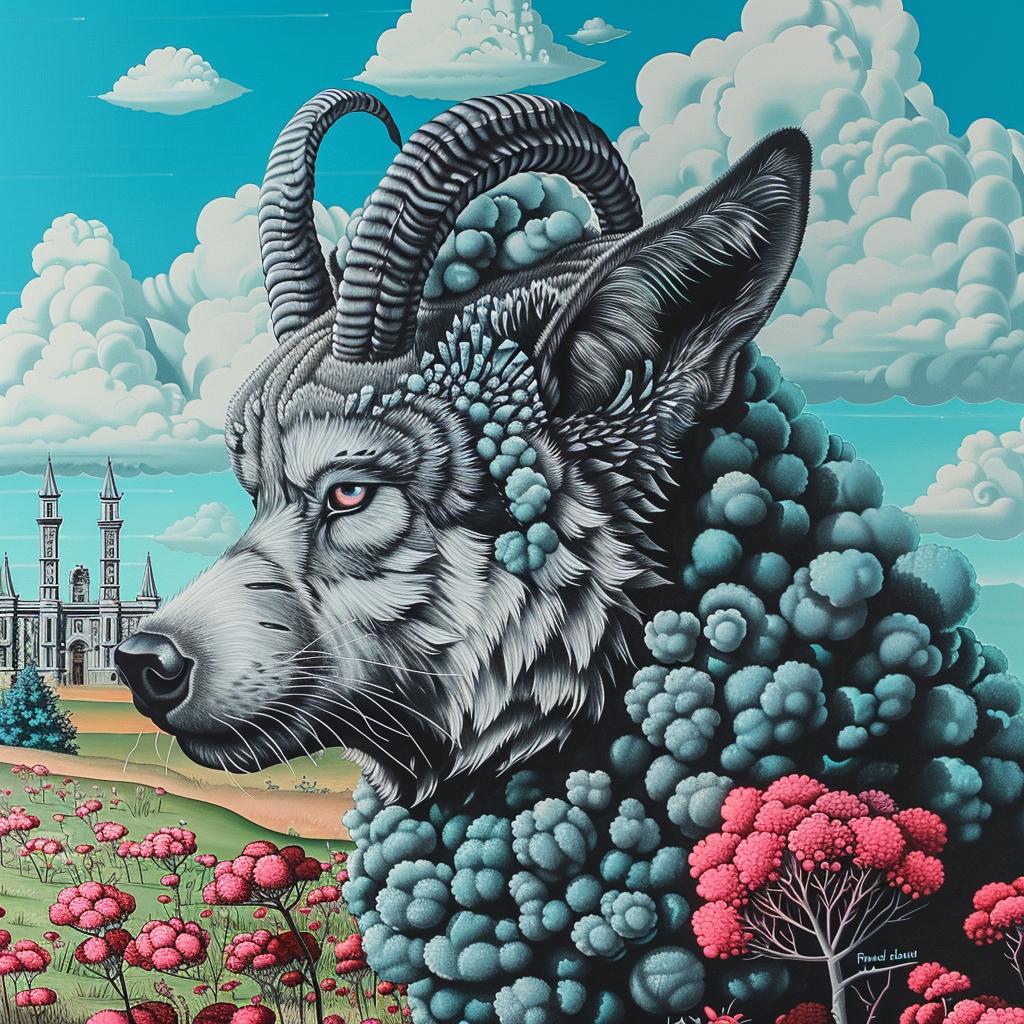 mythical  creature  hybrid  wolf  sheep  flowers  horns  fantastical  unique  painting 941189