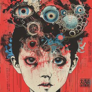 poster  girl  eyes  red  background  surreal  symbolist  artistic  screenprint  stylized 1063888