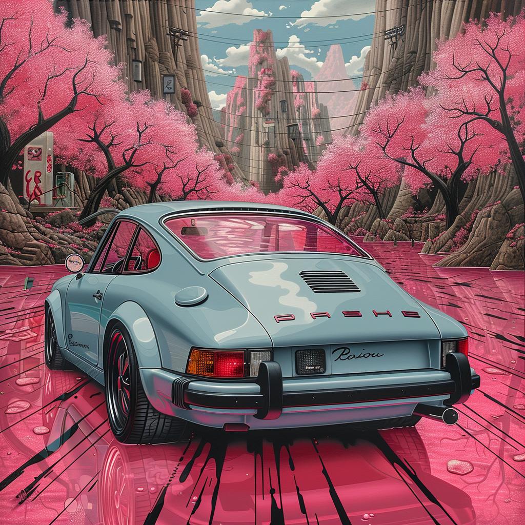 car  trees  porsche  pink  retrofuturism  Nagai  thoughtful  details  aesthetic  vintage 944372